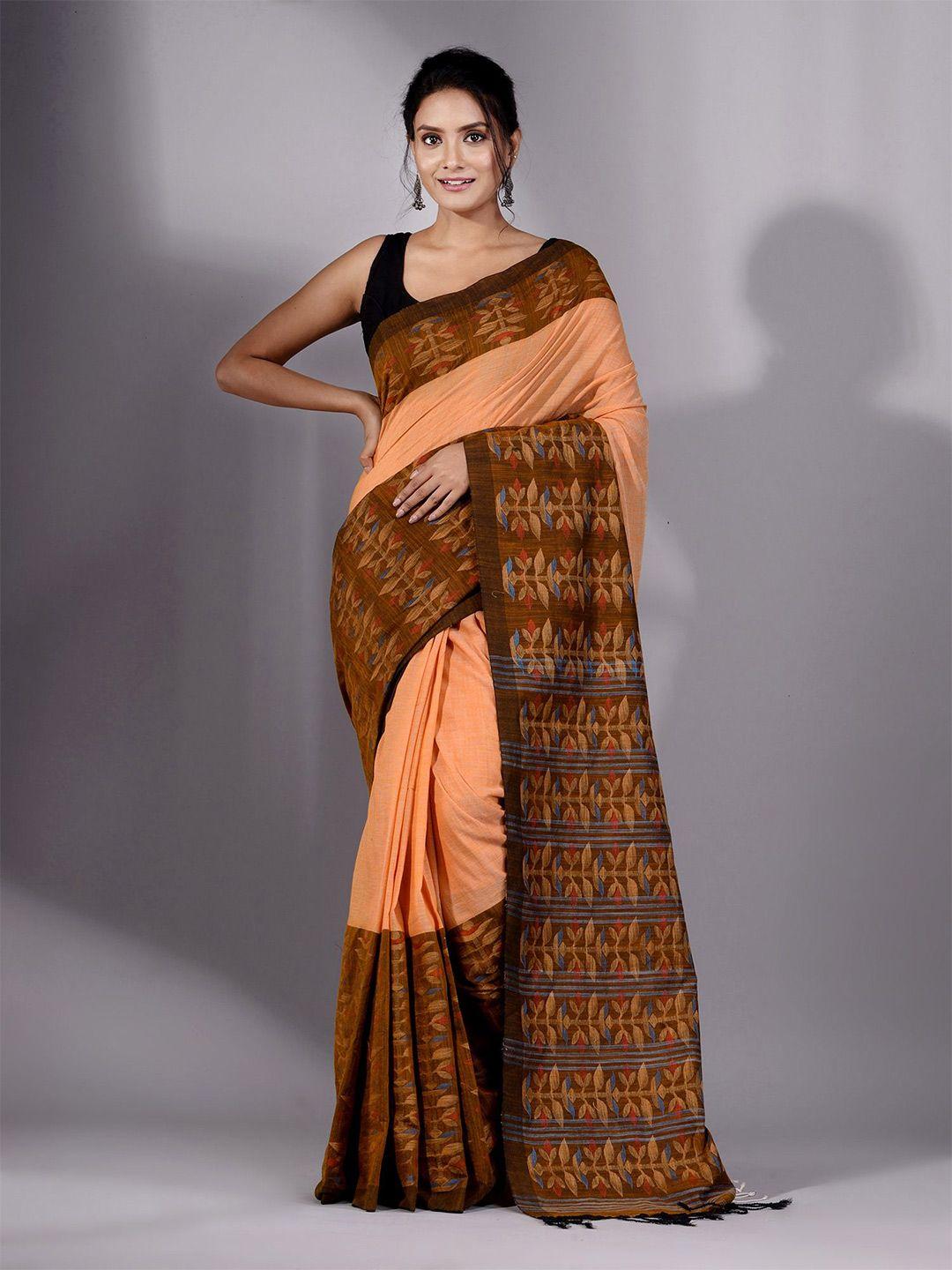 charukriti orange & brown woven design pure cotton saree