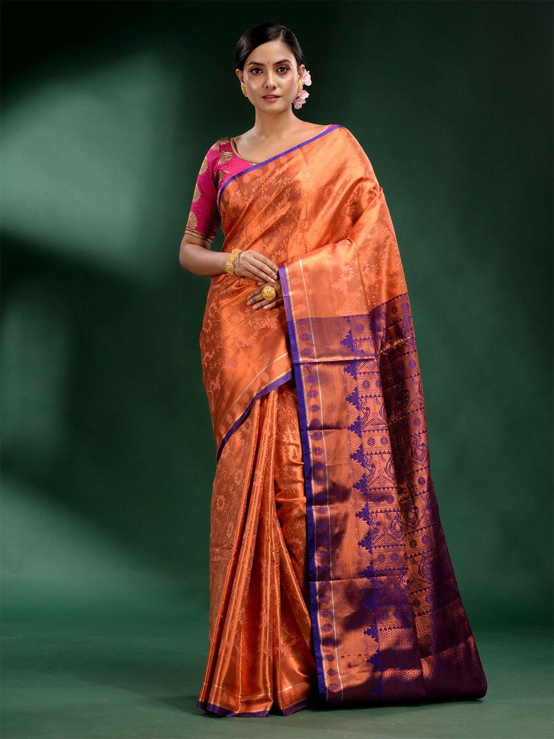 charukriti orange & gold-toned ethnic motifs zari silk blend saree