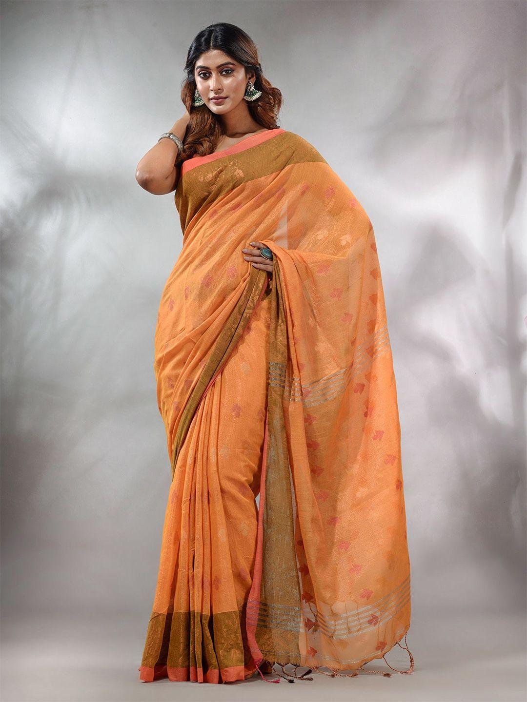 charukriti orange & gold-toned floral zari tissue saree