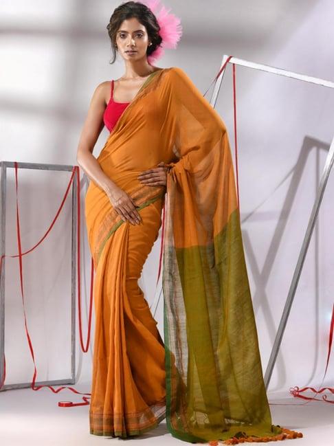 charukriti orange & green cotton striped saree with unstitched blouse