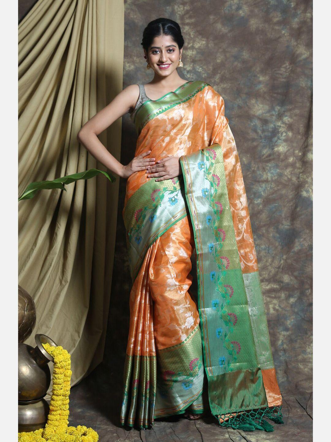 charukriti orange & green floral zari tissue saree