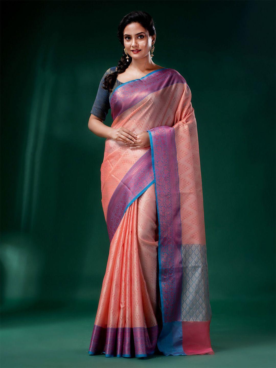 charukriti orange & pink woven design zari organza saree