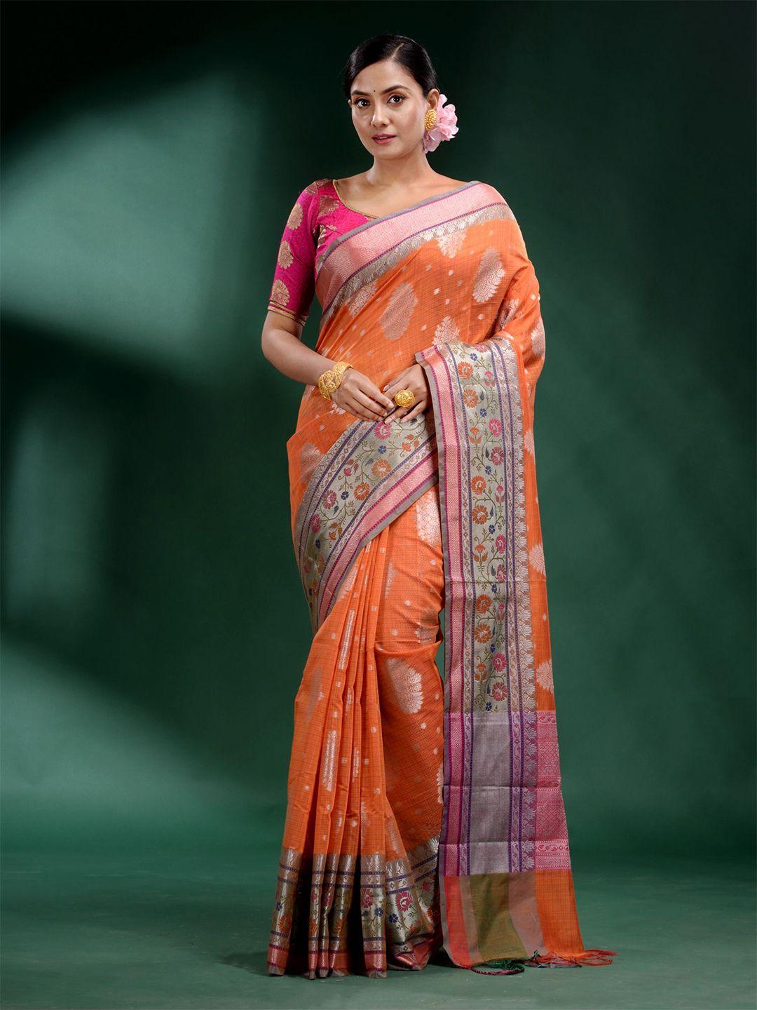 charukriti orange & violet ethnic motifs zari silk blend saree