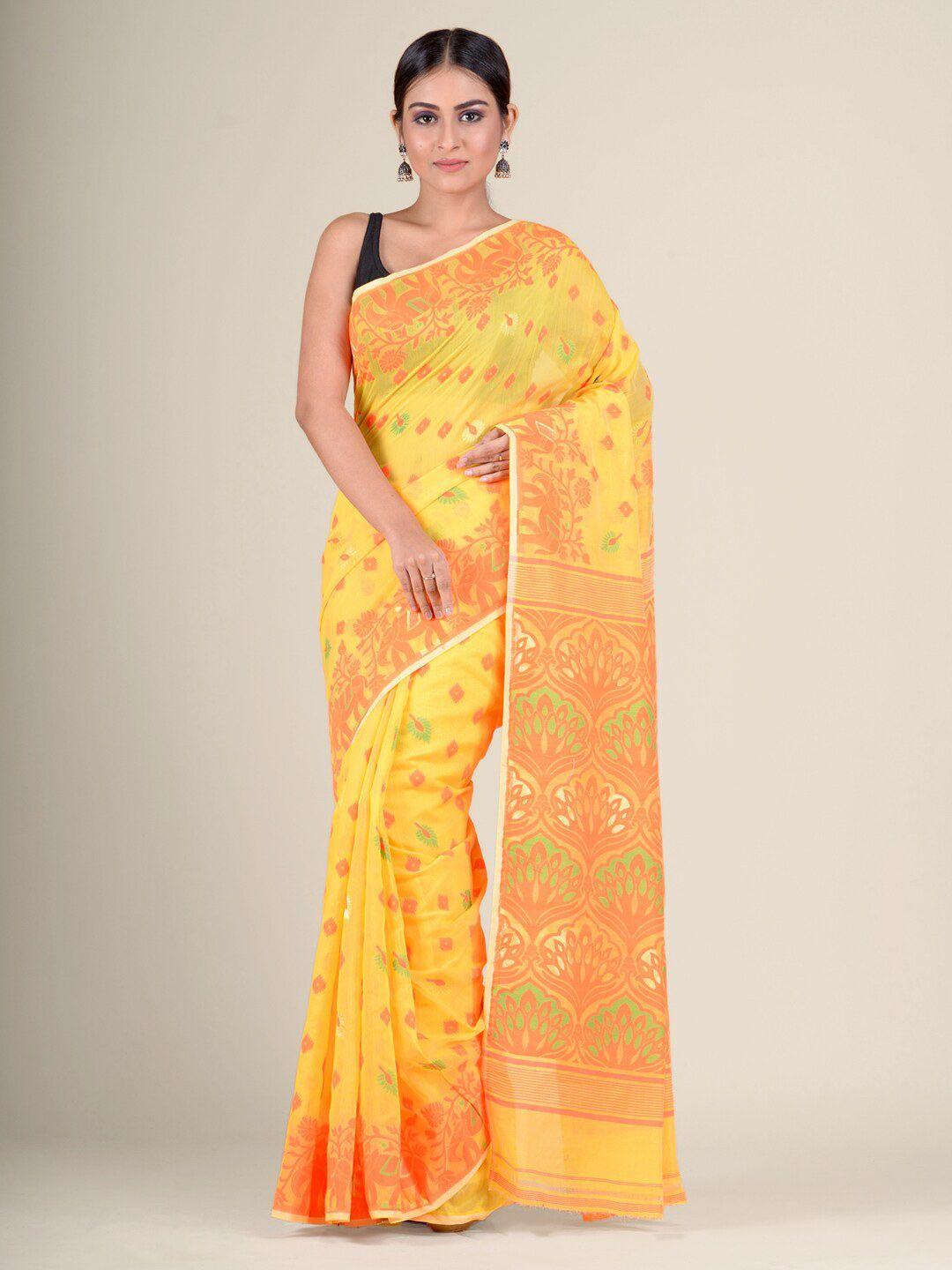 charukriti orange & yellow woven design jamdani saree