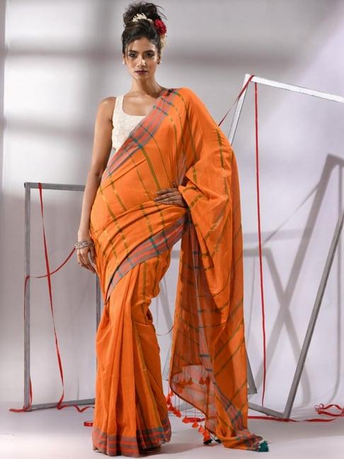 charukriti orange cotton striped saree with unstitched blouse