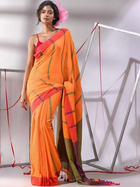 charukriti orange cotton striped saree with unstitched blouse