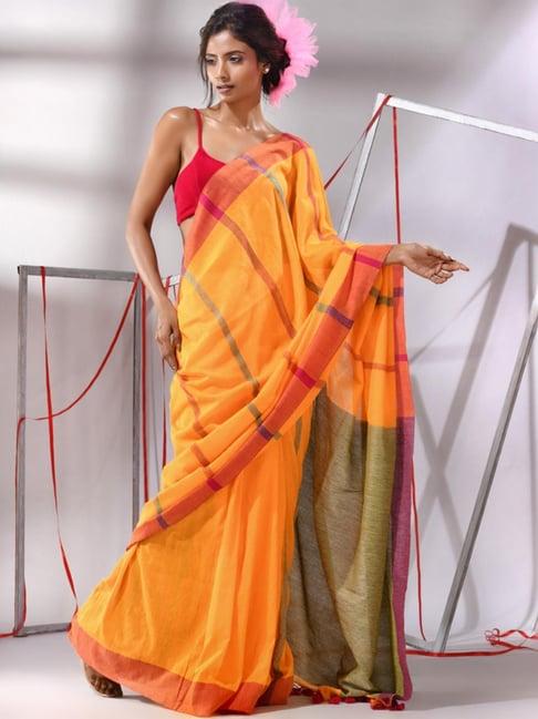 charukriti orange cotton striped saree with unstitched blouse