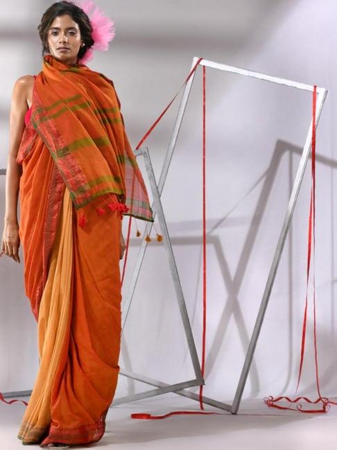 charukriti orange cotton striped saree with unstitched blouse