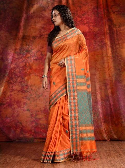 charukriti orange geometric design saree with blouse