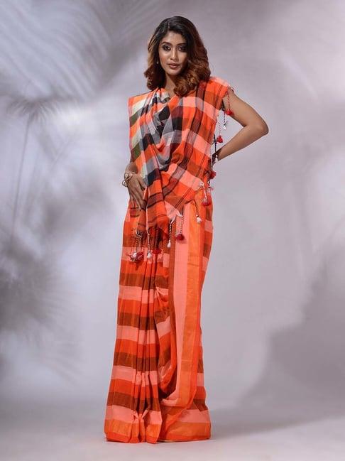 charukriti orange striped saree with blouse