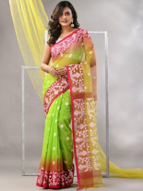 charukriti parrot green silk woven saree with unstitched blouse