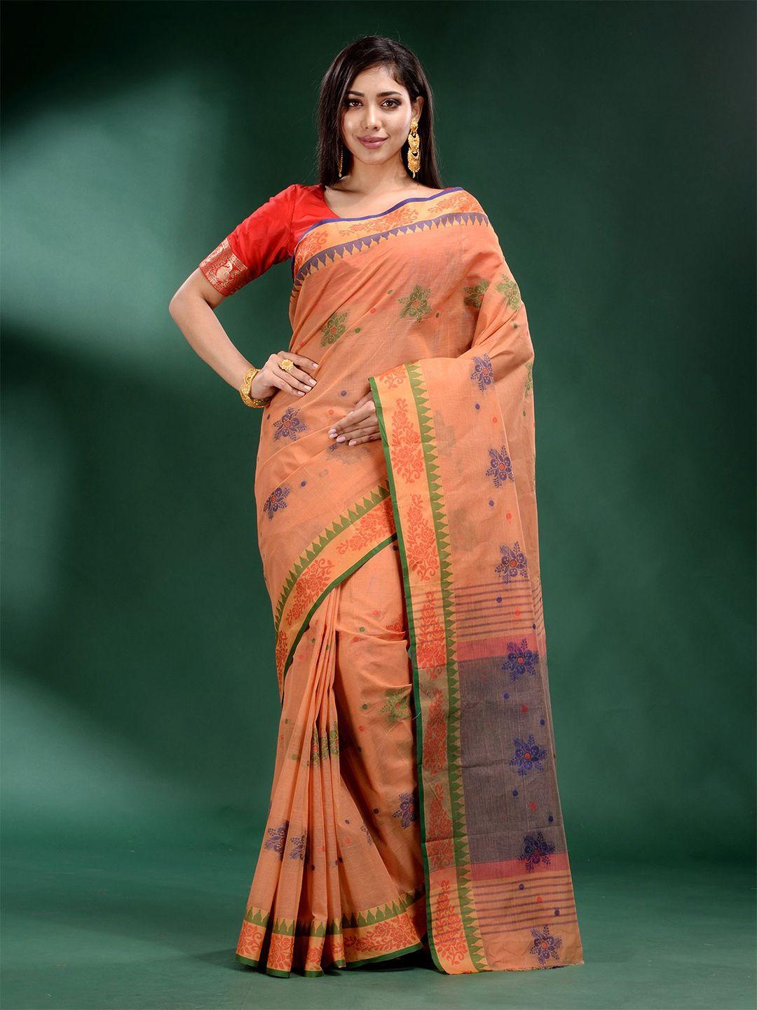 charukriti peach-coloured & blue floral pure cotton saree