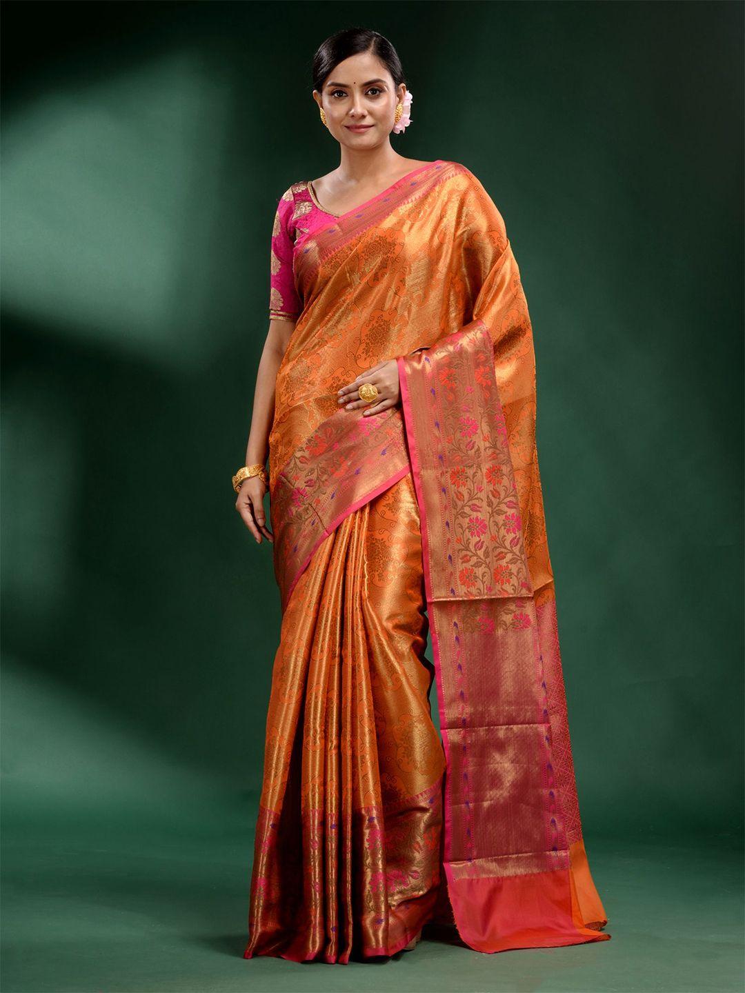 charukriti peach-coloured & gold-toned floral zari silk blend saree