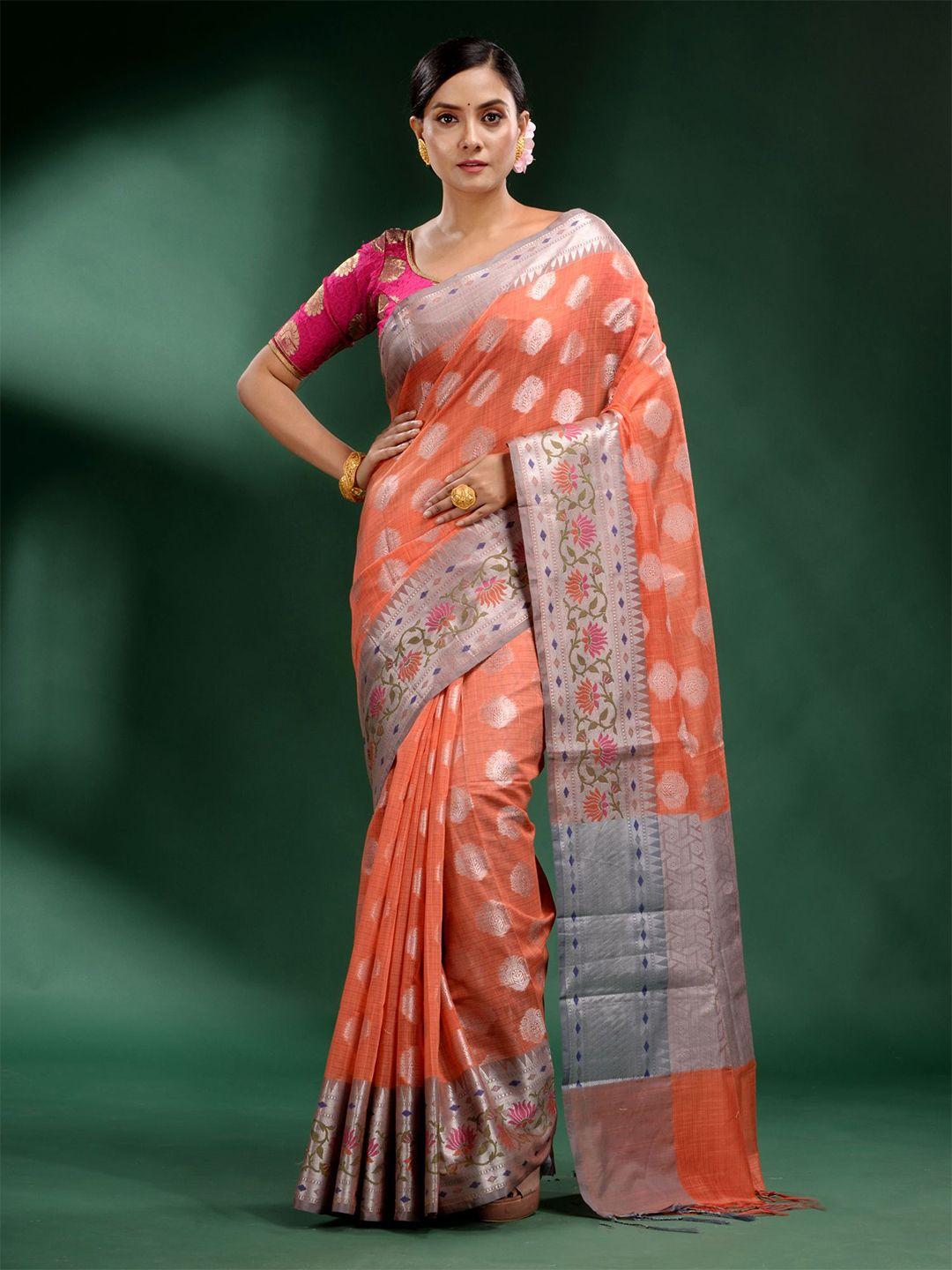 charukriti peach-coloured & grey floral silk blend saree