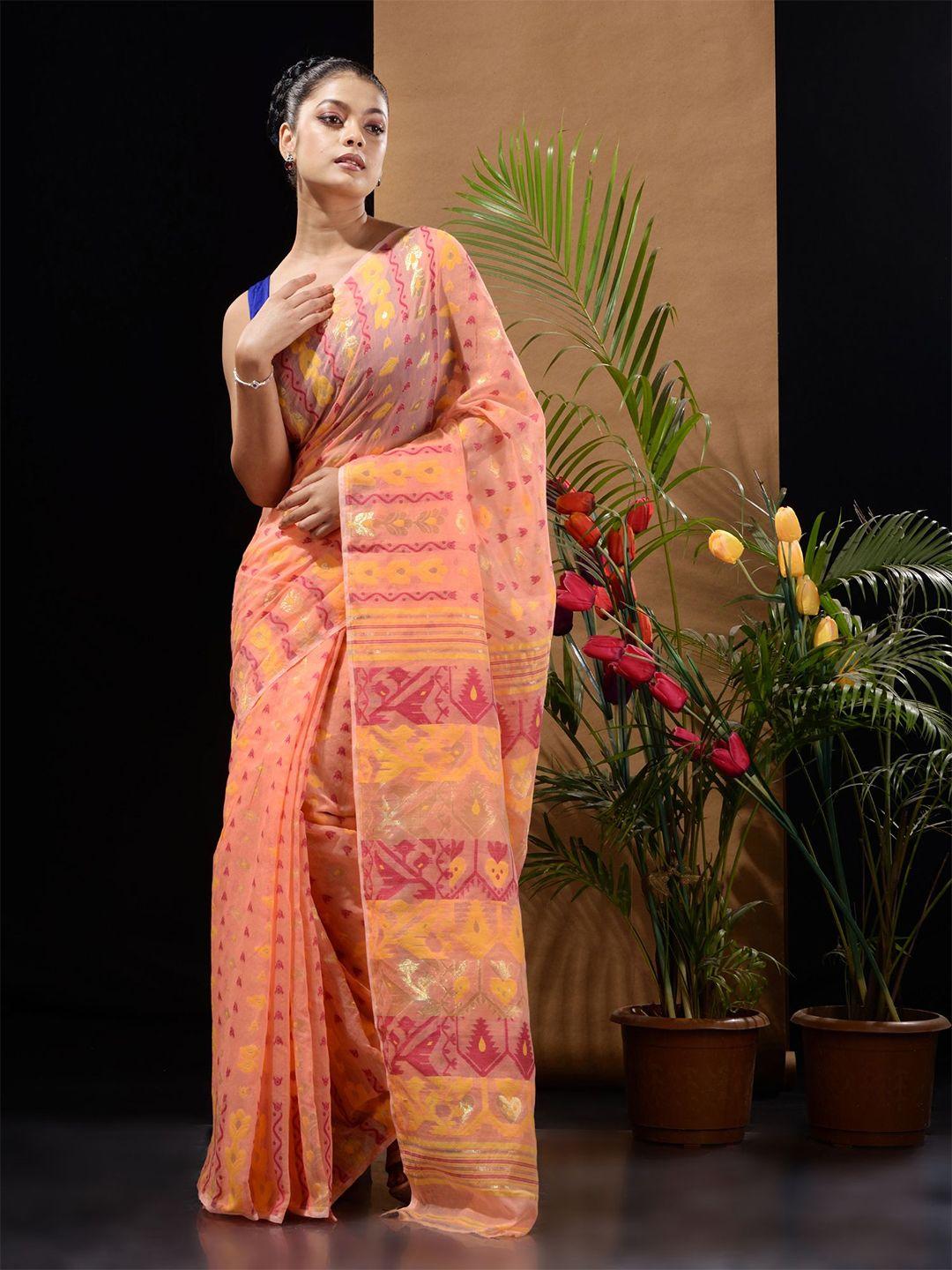 charukriti peach-coloured & pink ethnic motifs silk cotton jamdani saree