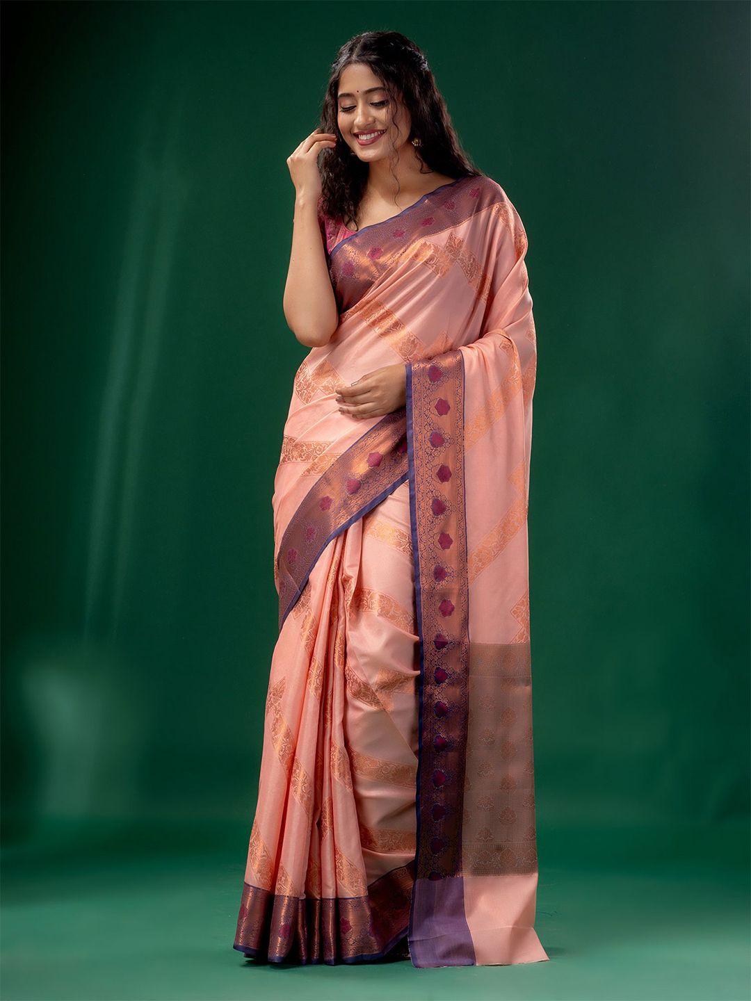 charukriti peach-coloured & purple woven design zari silk cotton saree