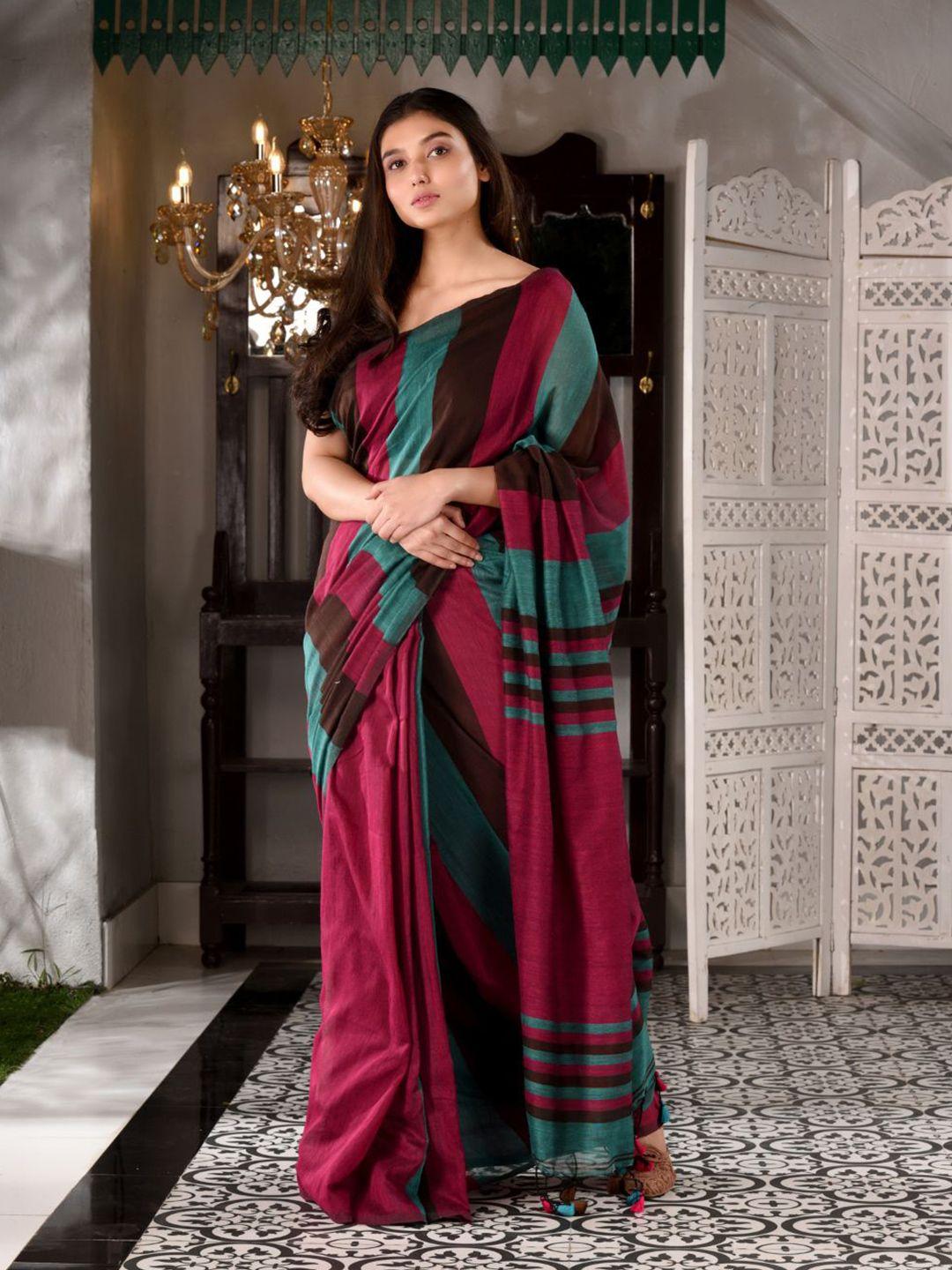 charukriti pink & blue colourblocked pure cotton handloom saree