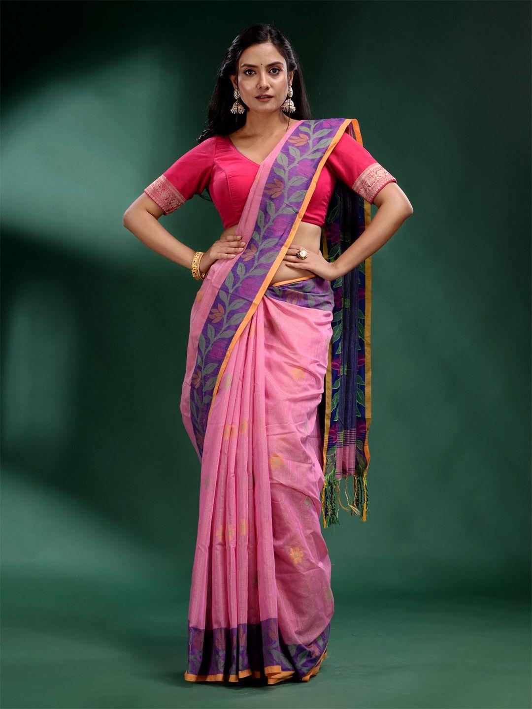 charukriti pink & blue floral tissue saree