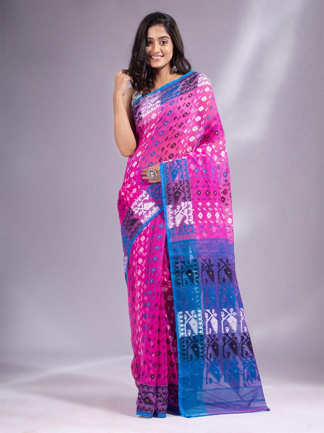 charukriti pink & blue woven design silk cotton jamdani saree