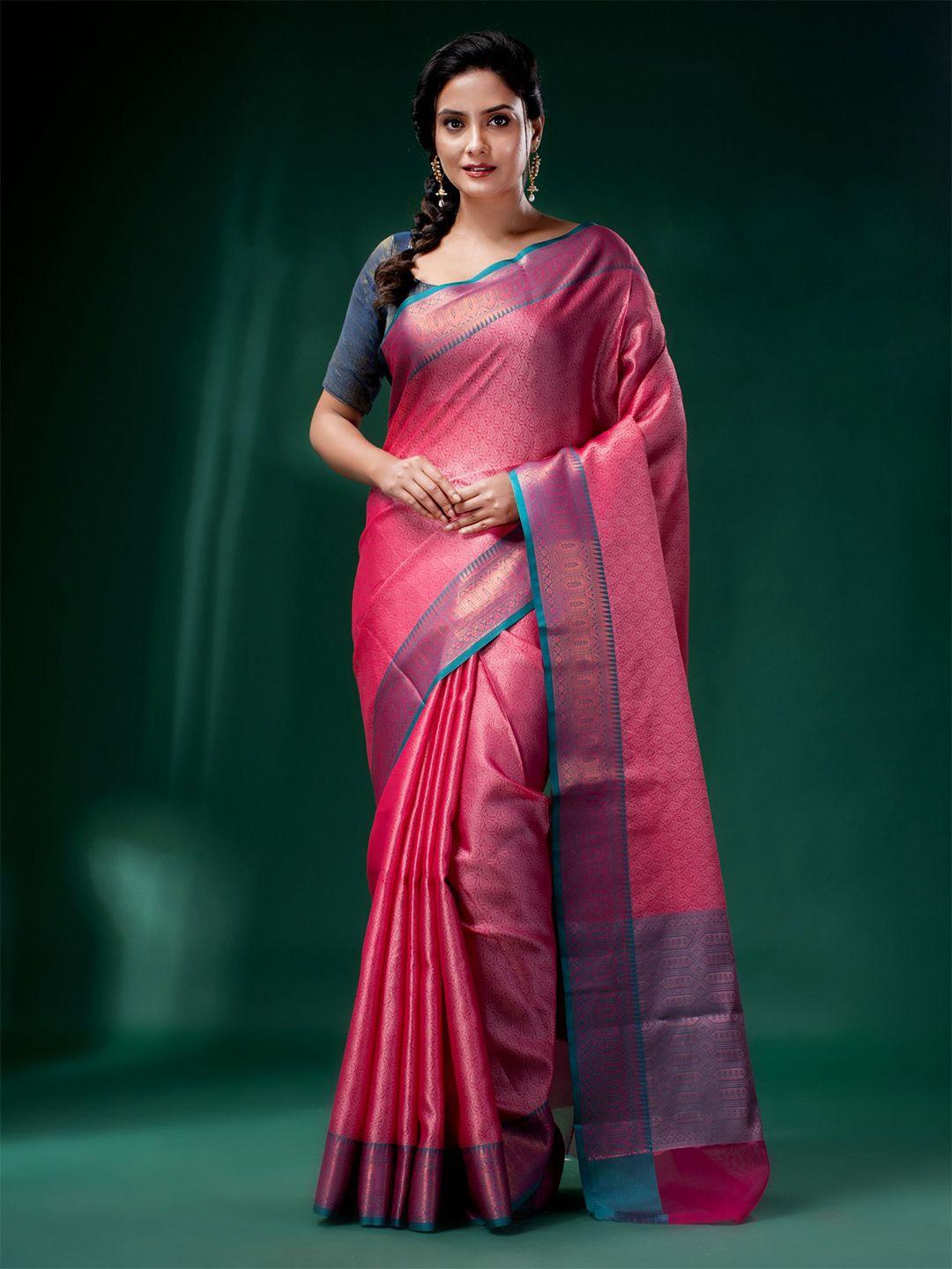 charukriti pink & blue woven design zari organza saree