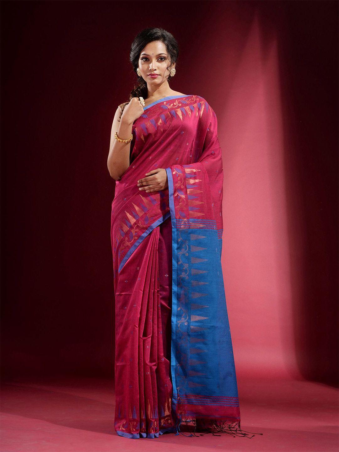 charukriti pink & blue woven design zari saree