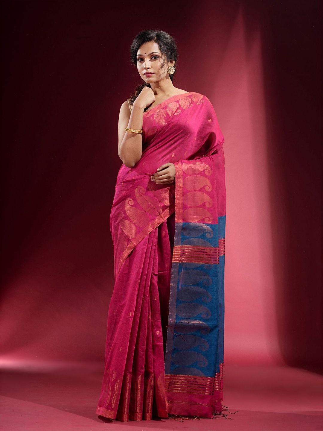 charukriti pink & blue woven design zari saree