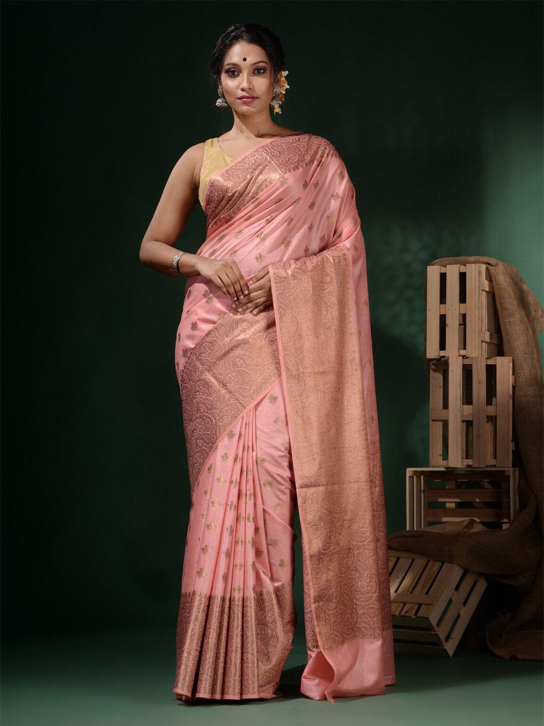 charukriti pink & gold-toned ethnic motifs zari silk blend saree