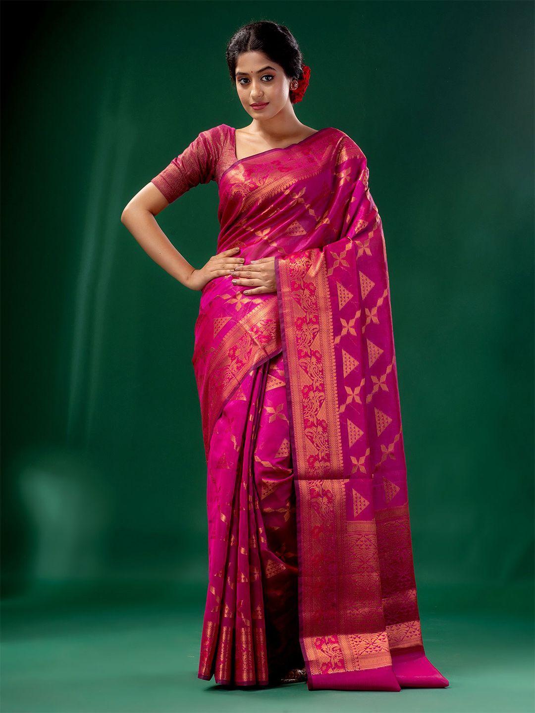 charukriti pink & gold-toned ethnic motifs zari silk cotton saree