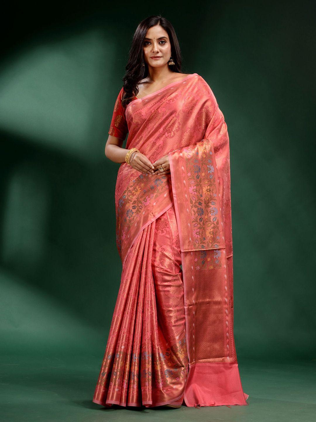 charukriti pink & gold-toned floral silk blend saree