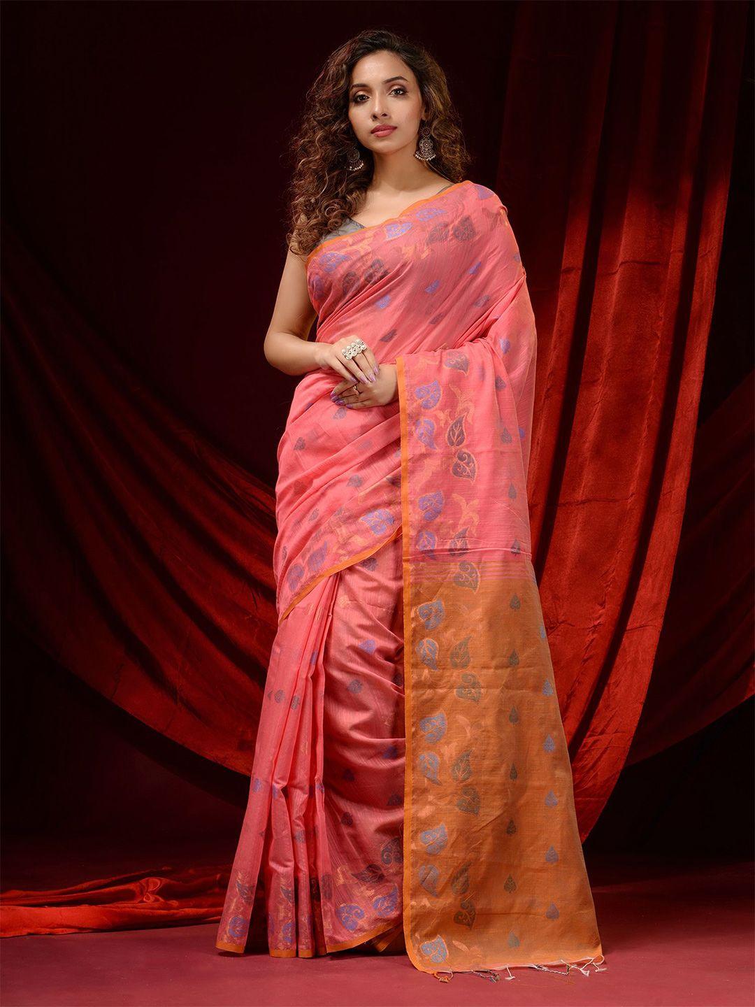 charukriti pink & gold-toned floral zari pure cotton saree