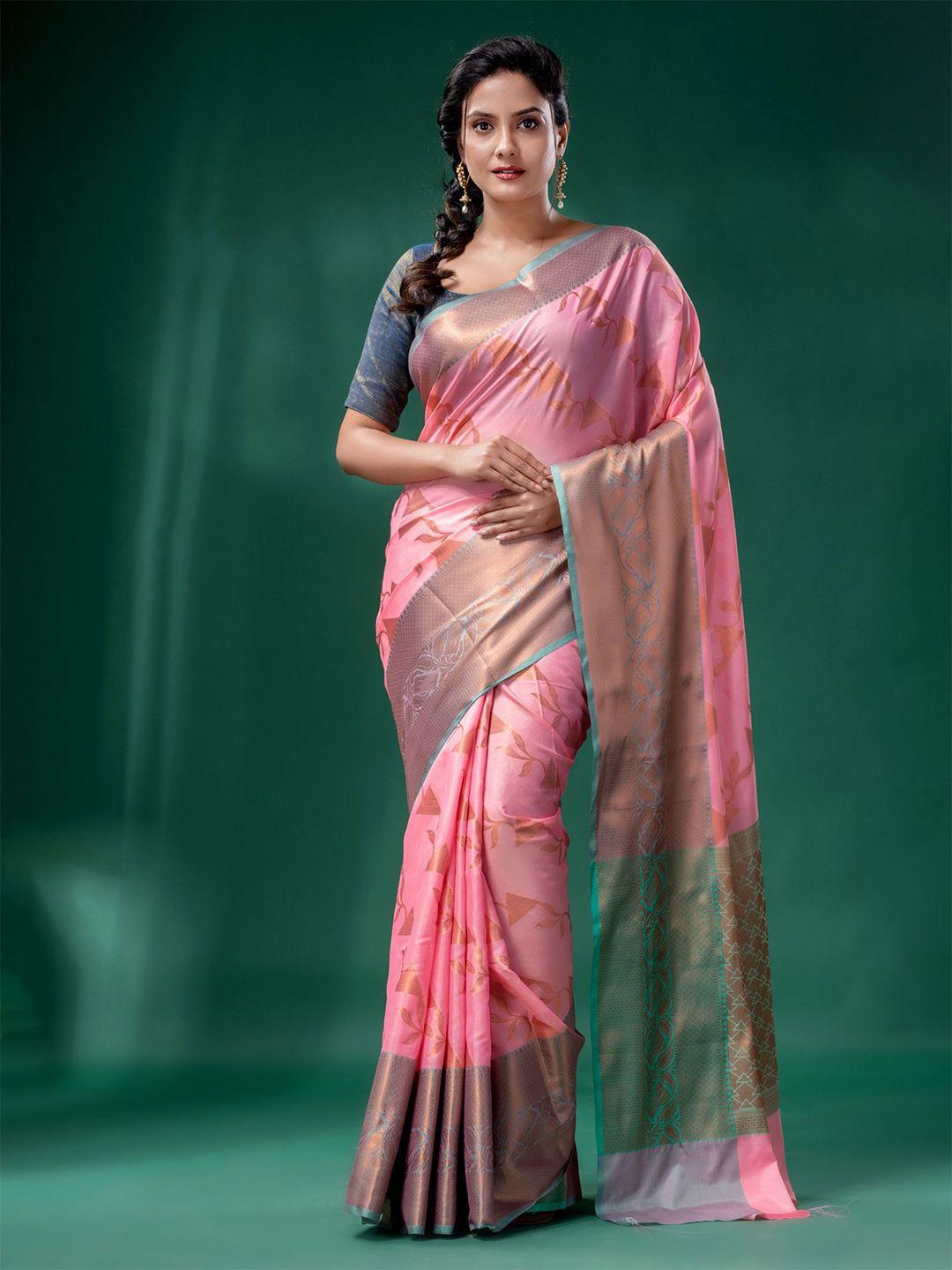 charukriti pink & gold-toned floral zari silk cotton saree