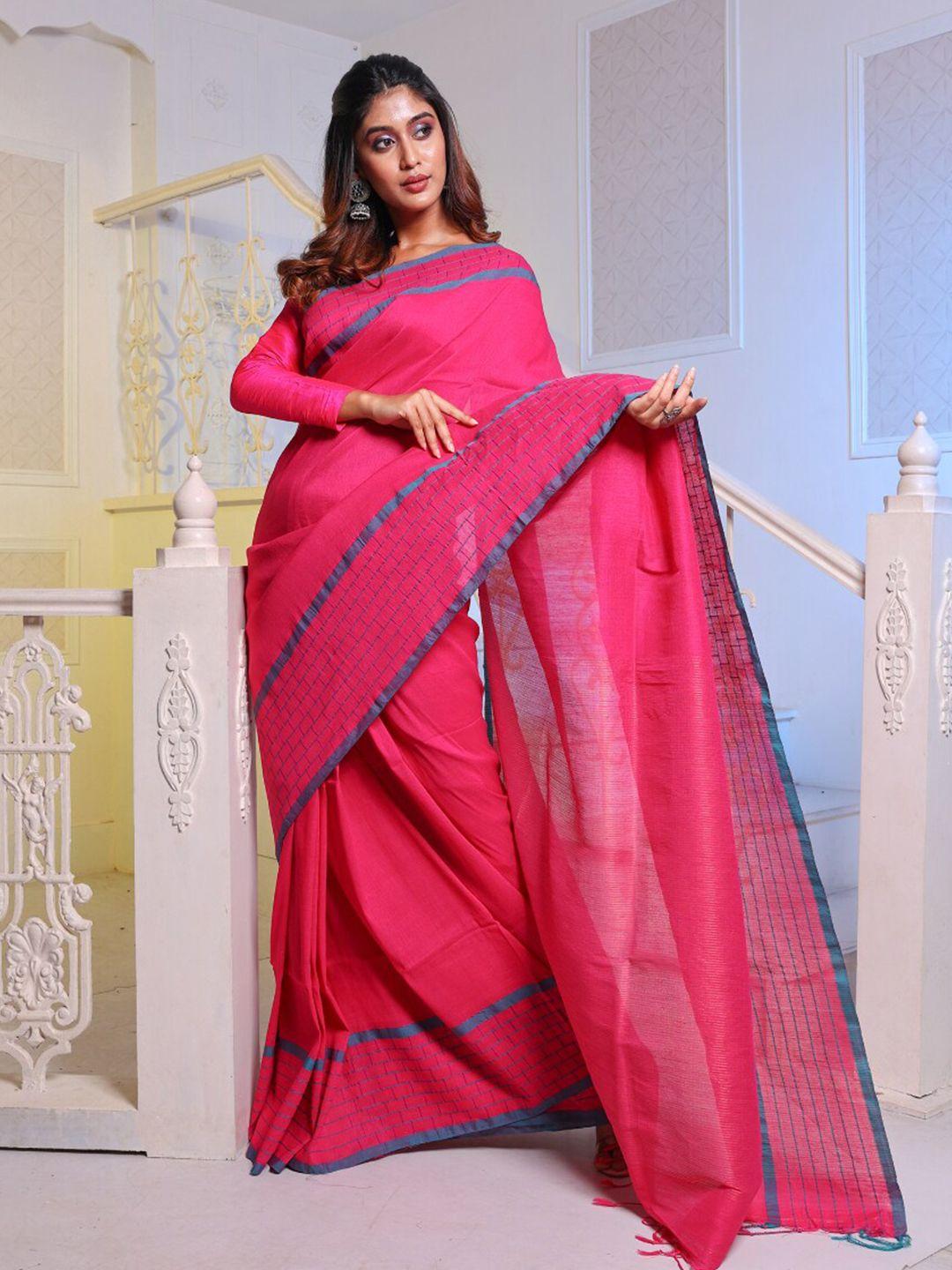 charukriti pink & gold-toned woven design zari pure cotton saree