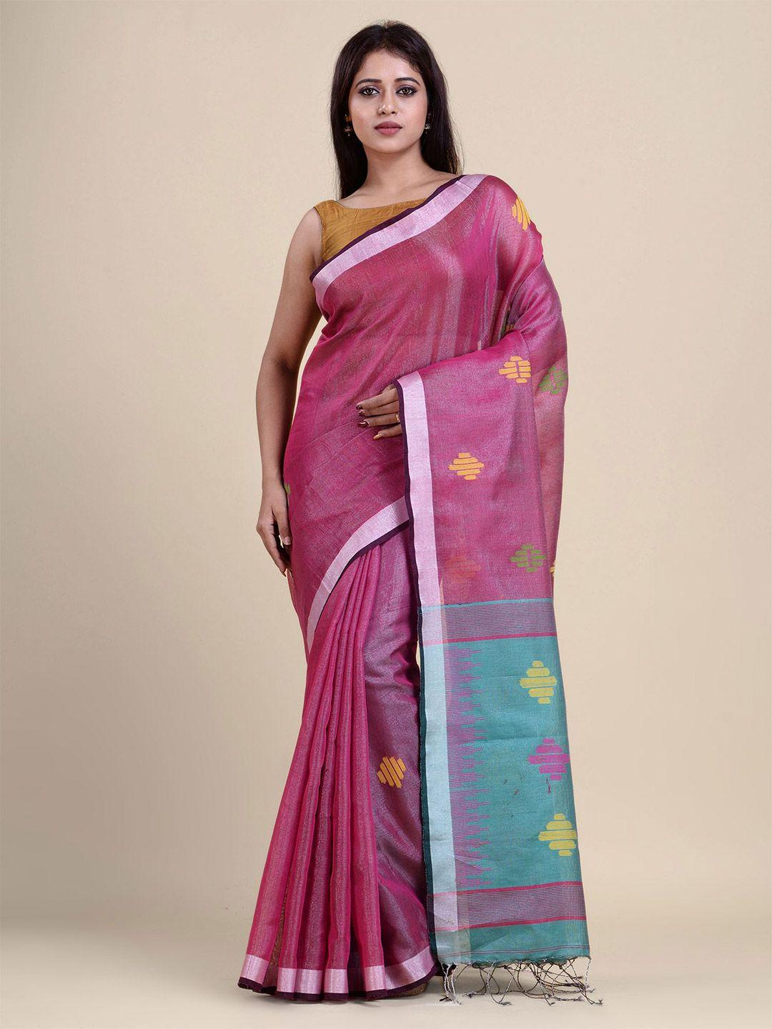 charukriti pink & green ethnic motifs zari tissue saree