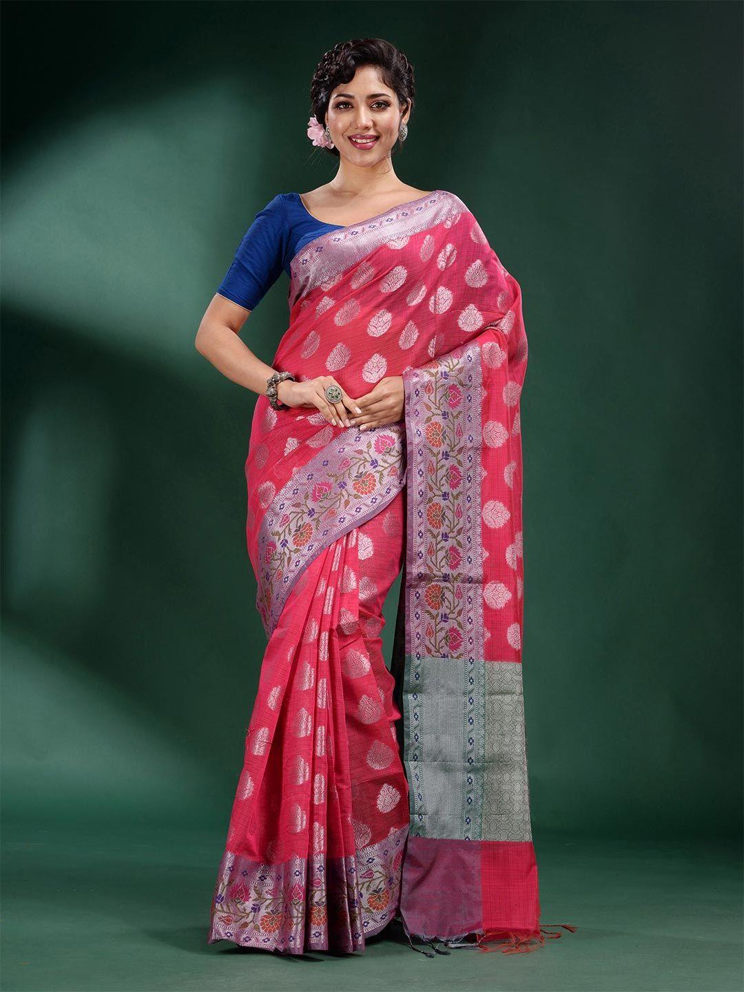 charukriti pink & green floral silk blend saree