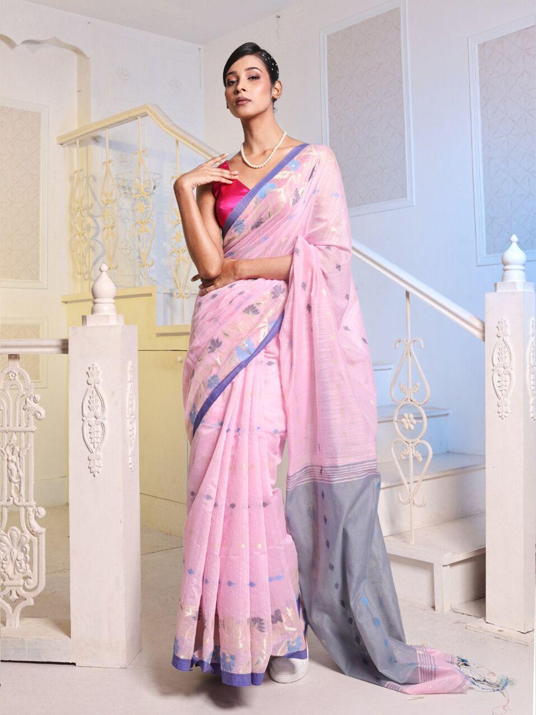 charukriti pink & grey woven design zari saree