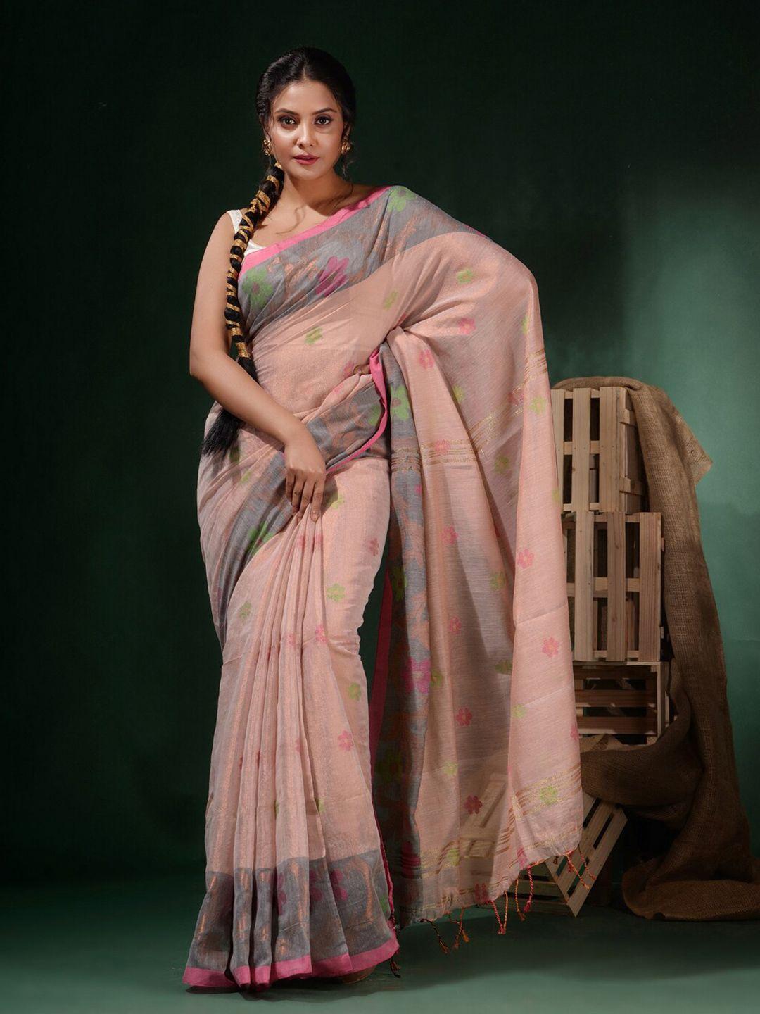 charukriti pink & grey woven design zari tissue saree