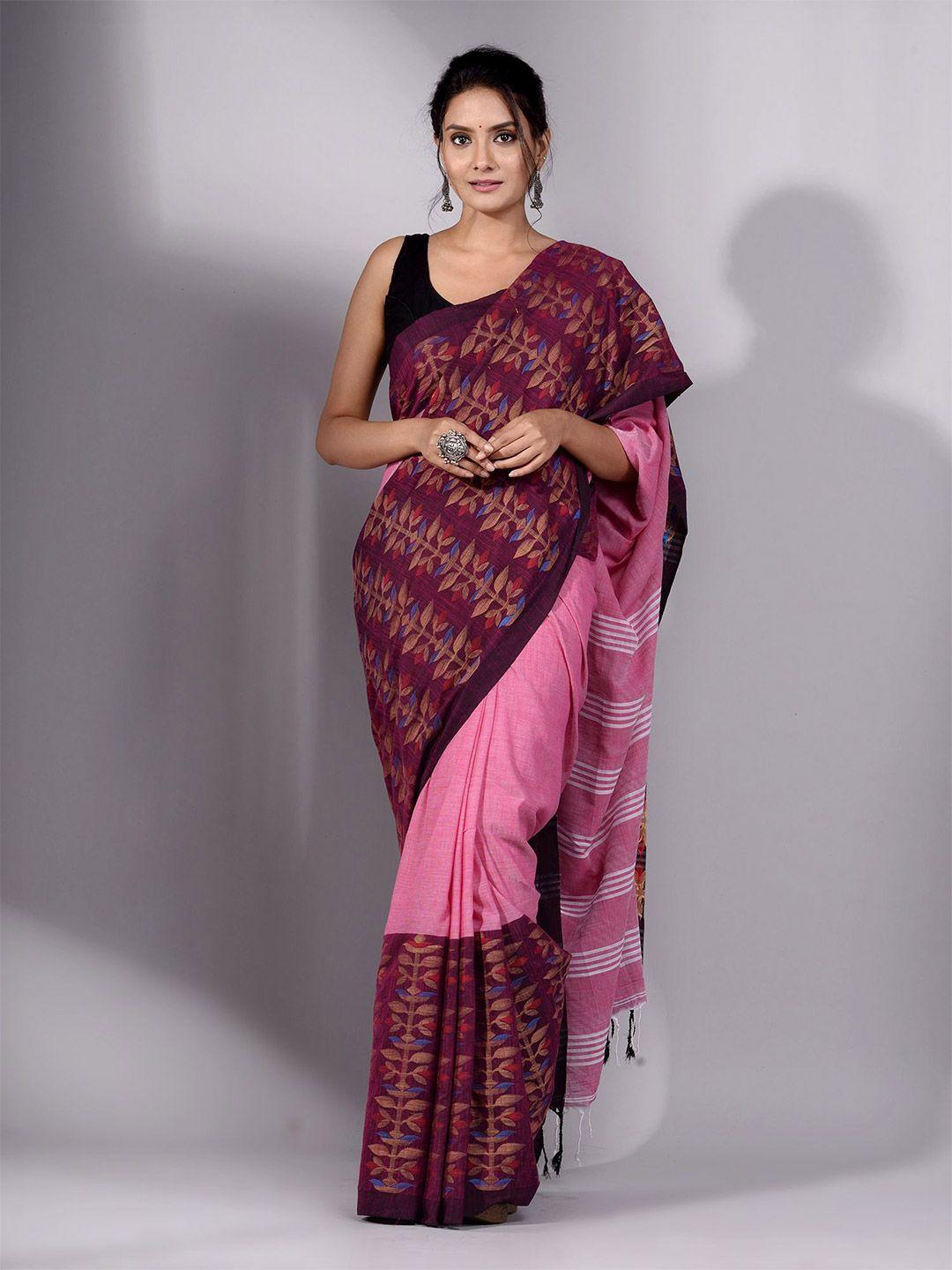 charukriti pink & maroon woven design pure cotton saree