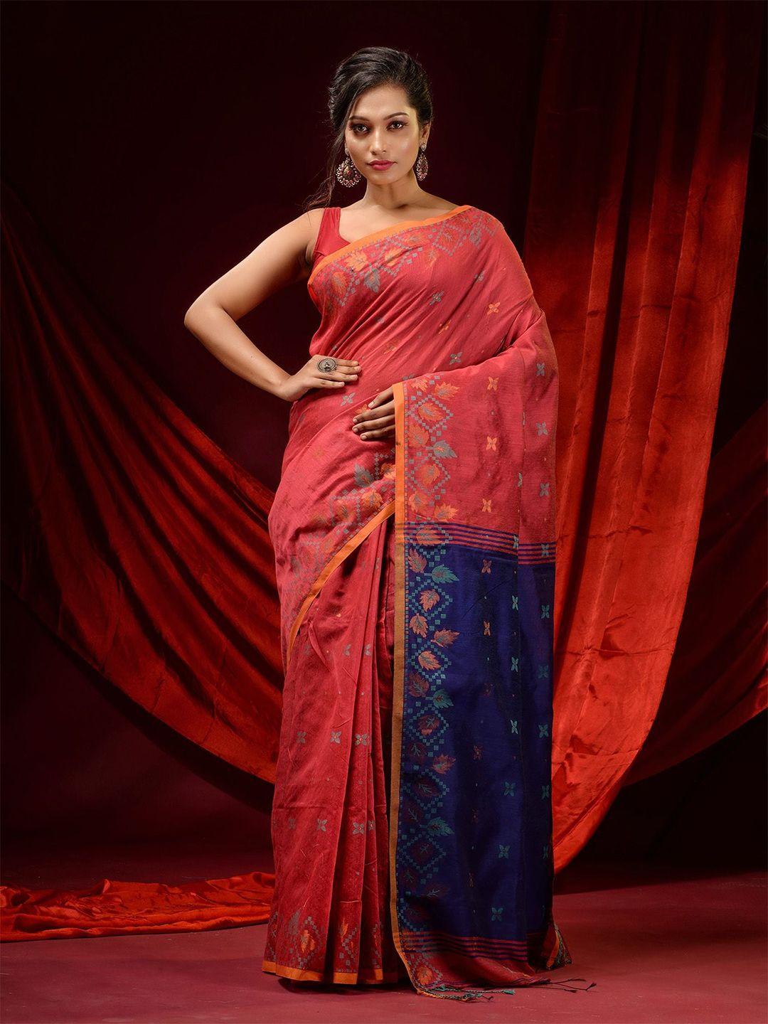 charukriti pink & navy blue floral woven design zari saree