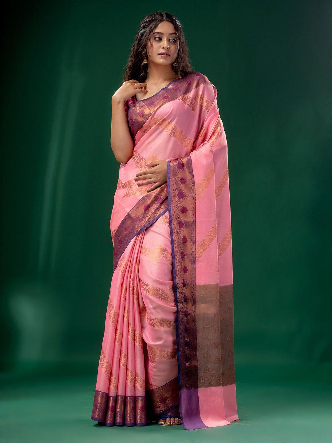 charukriti pink & violet woven design silk cotton saree