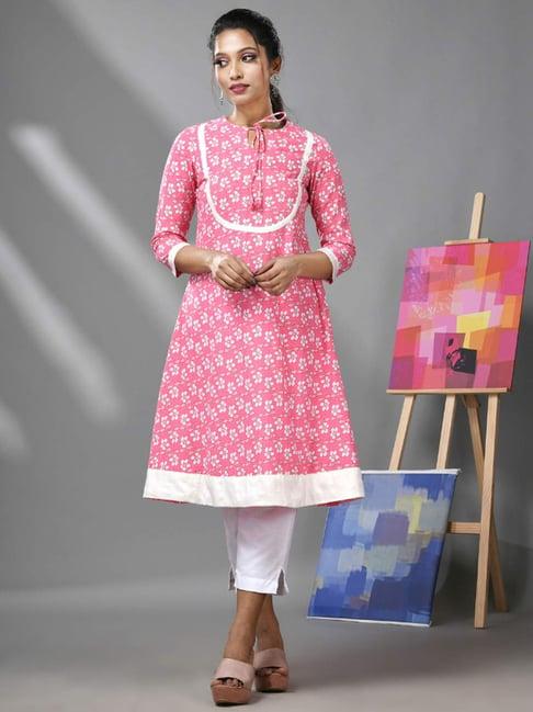 charukriti pink & white cotton printed kurta pant set