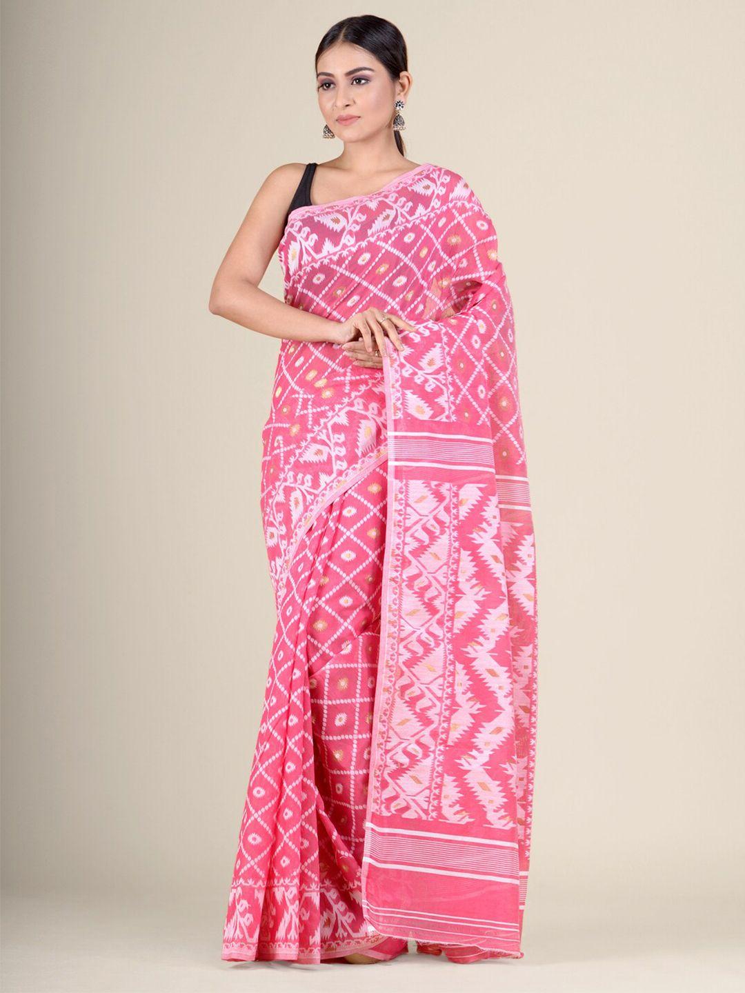 charukriti pink & white woven design jamdani saree