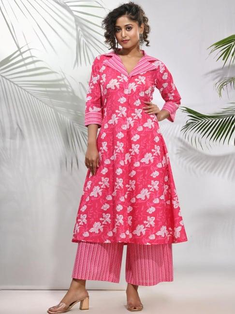 charukriti pink cotton floral print kurta palazzo set