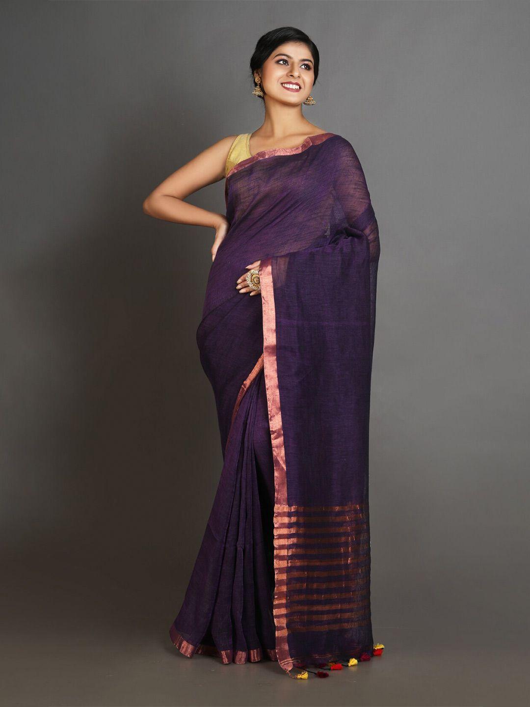 charukriti purple & copper-toned zari pure linen saree