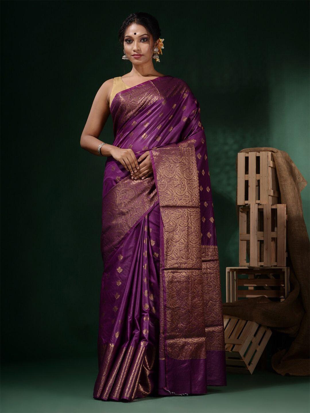 charukriti purple & gold-toned ethnic motifs zari silk blend saree