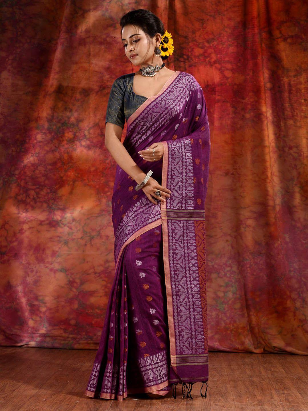 charukriti purple & gold-toned floral pure cotton saree