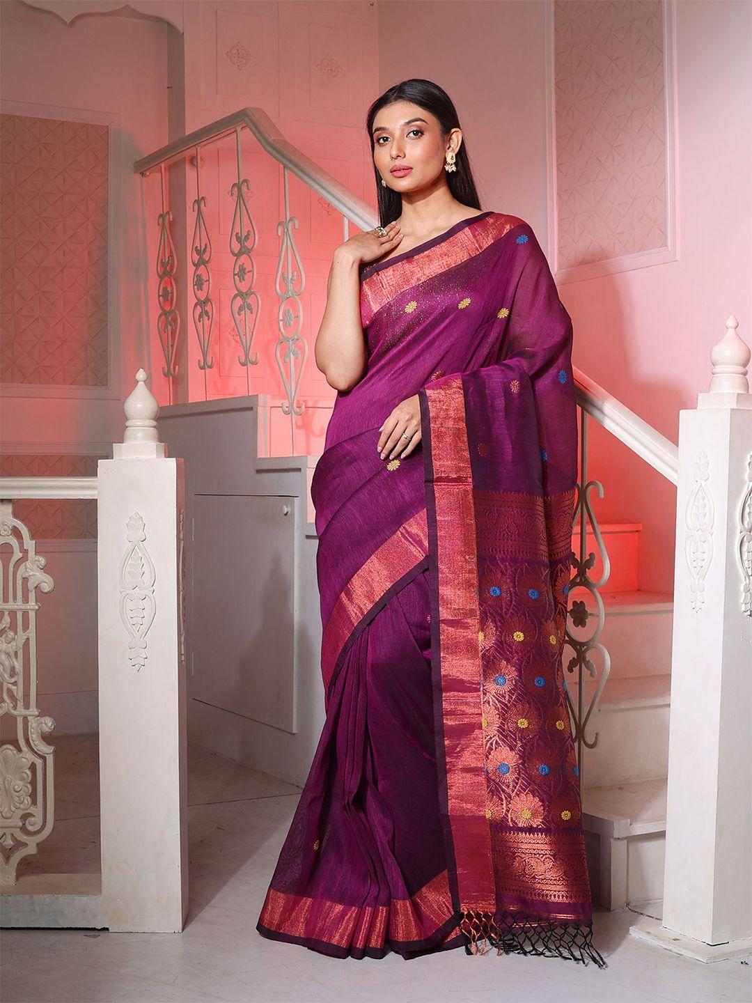 charukriti purple & gold-toned woven design zari pure linen saree