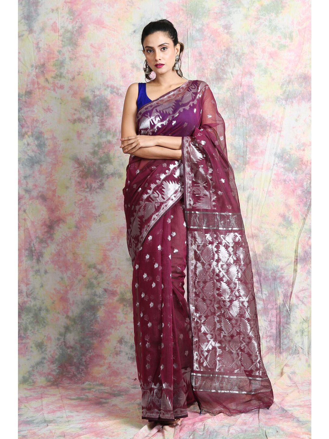 charukriti purple & silver-toned woven design silk cotton handloom jamdani saree