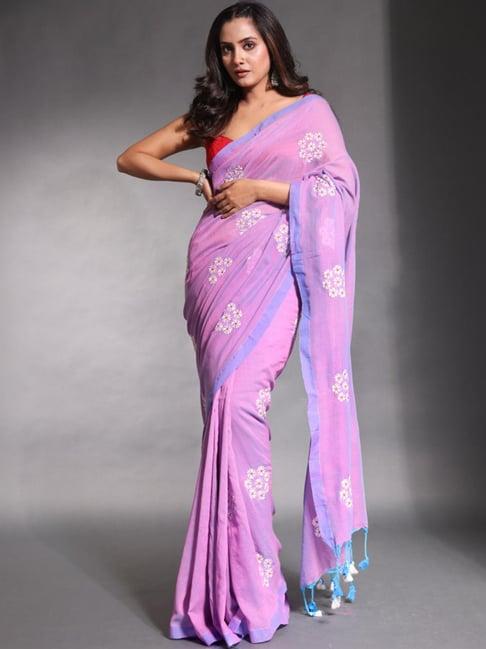 charukriti purple cotton embroidered saree with unstitched blouse