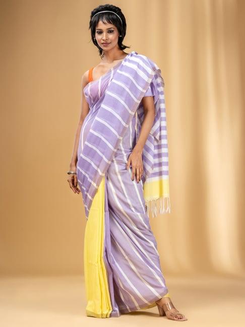 charukriti purple cotton striped saree with unstitched blouse