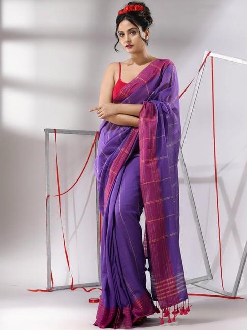 charukriti purple cotton striped saree with unstitched blouse